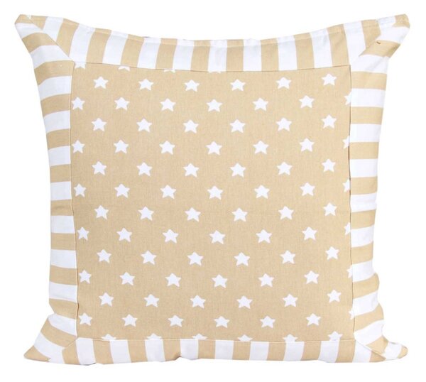 Cotton Beige Stripe Border and Stars Cushion Cover, 60 x 60 cm