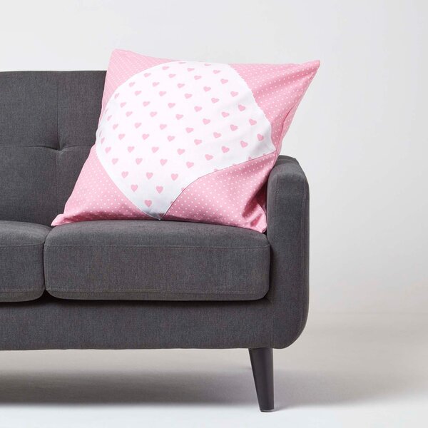 Homescapes Cotton Pink Hearts and Polka Dots Cushion Cover, 60 x 60 cm