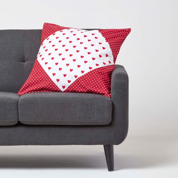 Homescapes Cotton Red Hearts and Polka Dots Cushion Cover, 60 x 60 cm