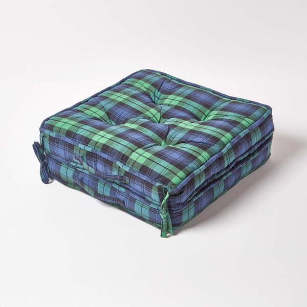 Green Tartan Cotton Travel Back Support and Seat Pad Booster Cushion