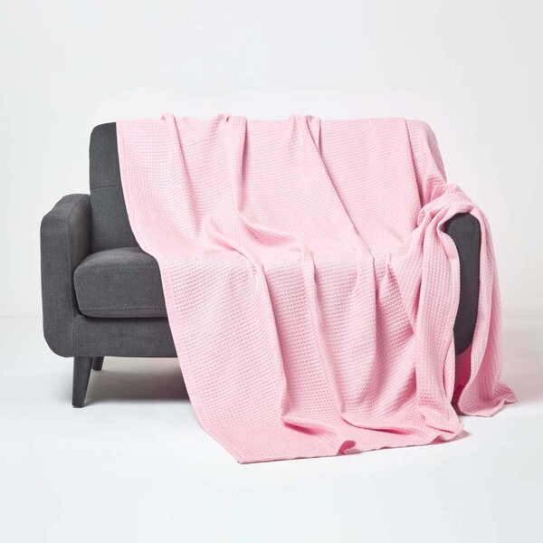 Homescapes Organic Cotton Waffle Blanket/ Throw Pink, 125 x 150 cm