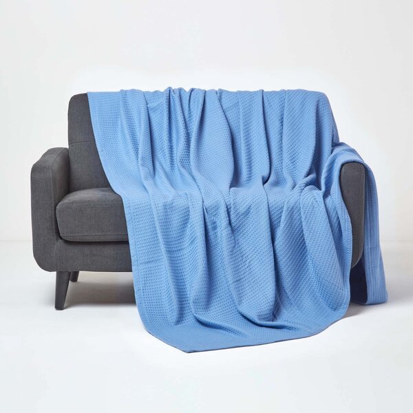 Homescapes Organic Cotton Waffle Blanket/ Throw Blue, 178 x 228 cm