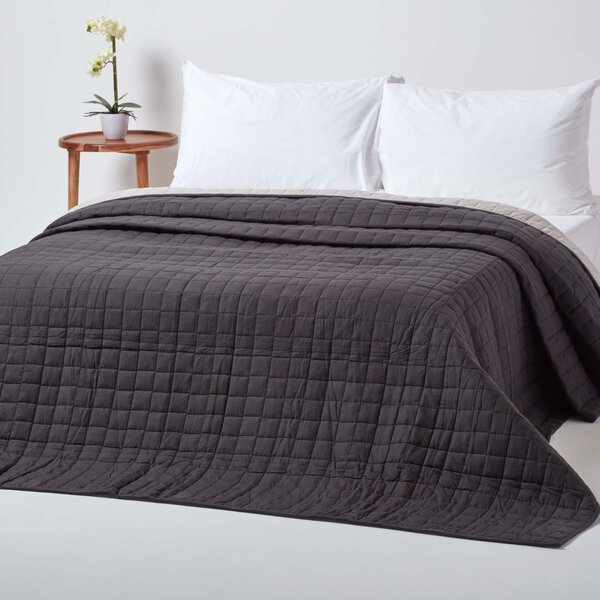 Cotton Quilted Reversible Bedspread Black & Grey, 150 x 200 cm