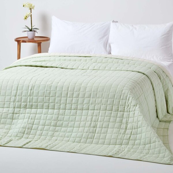 Cotton Quilted Reversible Bedspread Sage Green & Cream, 150 x 200 cm