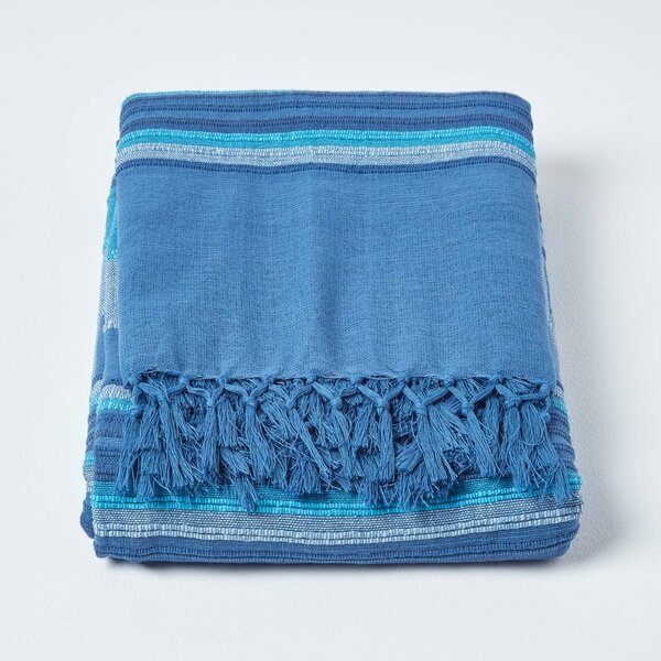 Homescapes Cotton Morocco Striped Blue Throw, 150 x 200 cm