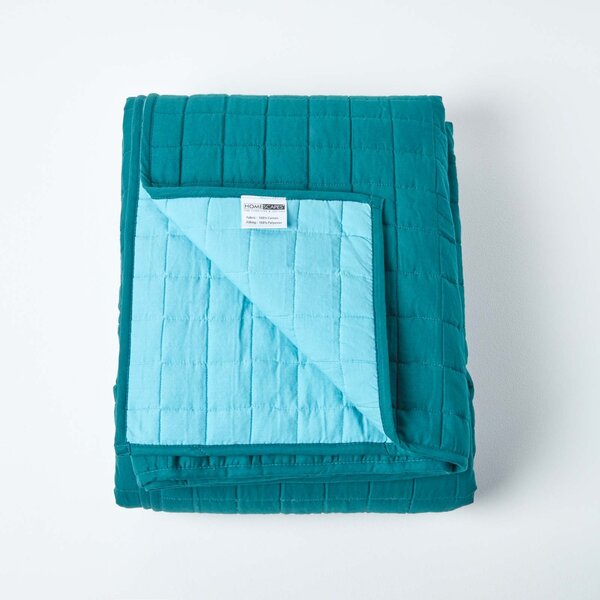 Cotton Quilted Reversible Bedspread Teal & Blue, 150 x 200 cm