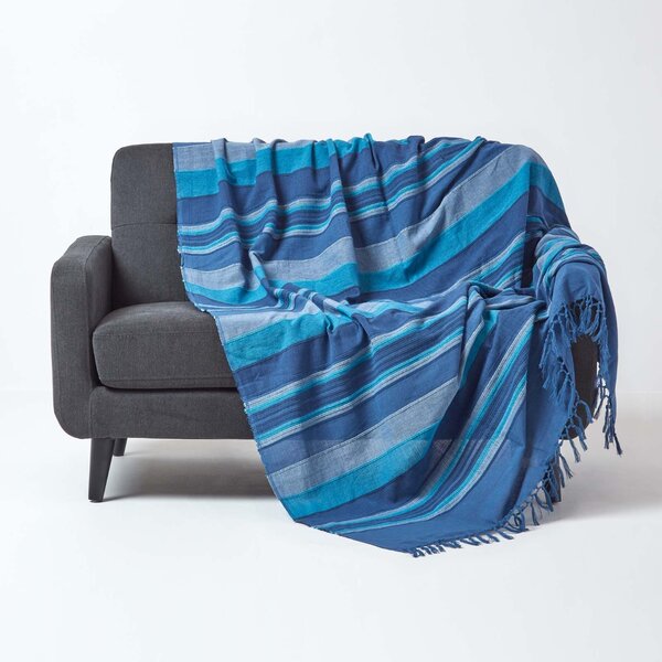 Homescapes Cotton Morocco Striped Blue Throw, 255 x 360 cm