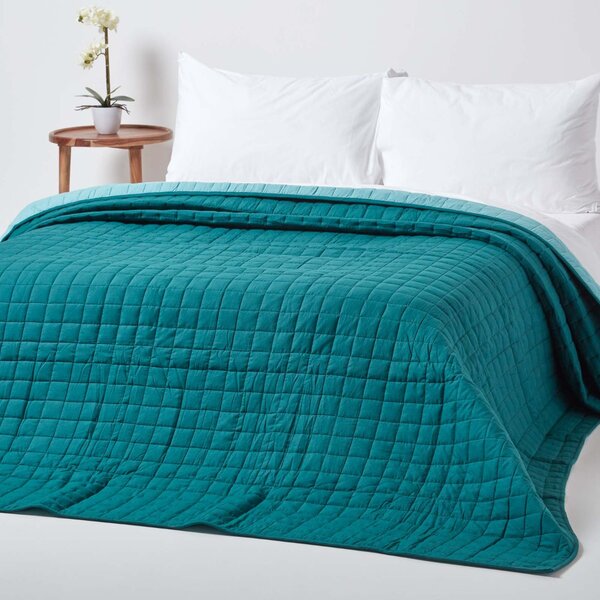 Cotton Quilted Reversible Bedspread Teal & Blue, 150 x 200 cm