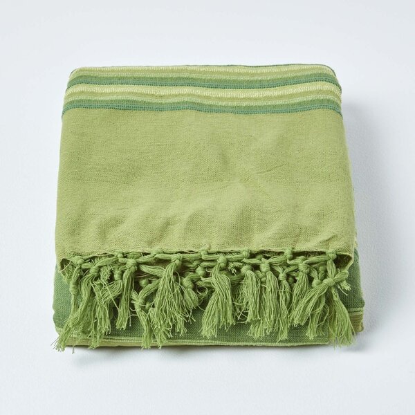 Homescapes Cotton Morocco Striped Green Throw, 150 x 200 cm