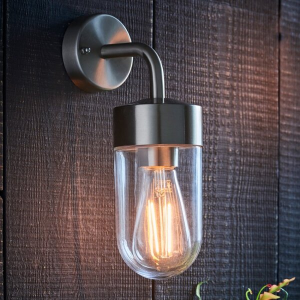 Endon 71184 North 1 Light Exterior Wall Light In Brushed Stainless Steel And Clear Glass