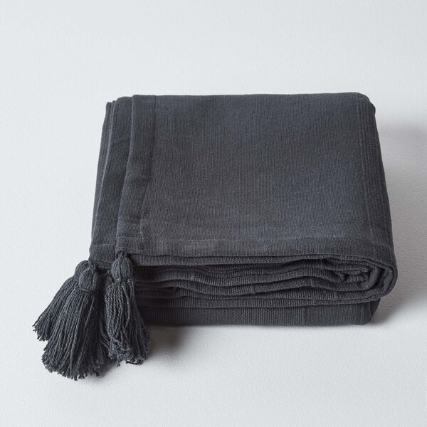 Homescapes Cotton Rajput Ribbed Black Throw, 150 x 200 cm