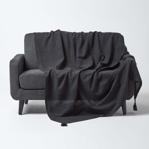 Homescapes Cotton Rajput Ribbed Black Throw, 255 x 360 cm