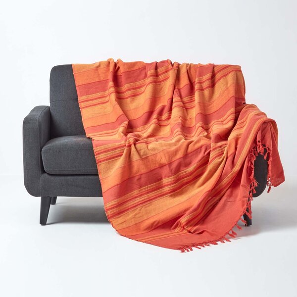 Cotton Morocco Striped Terracotta Orange Throw, 255 x 360 cm