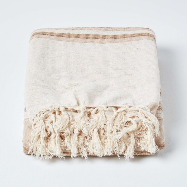 Homescapes Cotton Morocco Striped Beige Throw, 150 x 200 cm