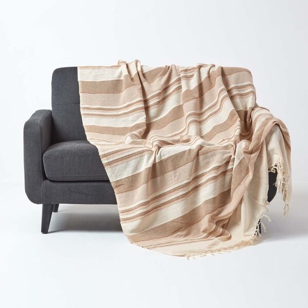 Homescapes Cotton Morocco Striped Beige Throw, 150 x 200 cm