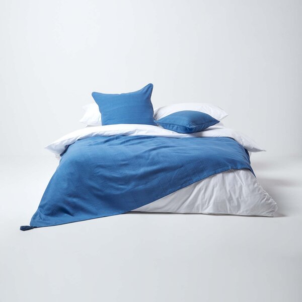 Homescapes Cotton Rajput Ribbed Blue Throw, 255 x 360 cm