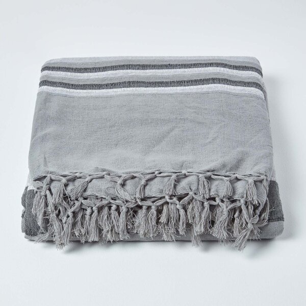 Homescapes Cotton Morocco Striped Grey Throw, 150 x 200 cm