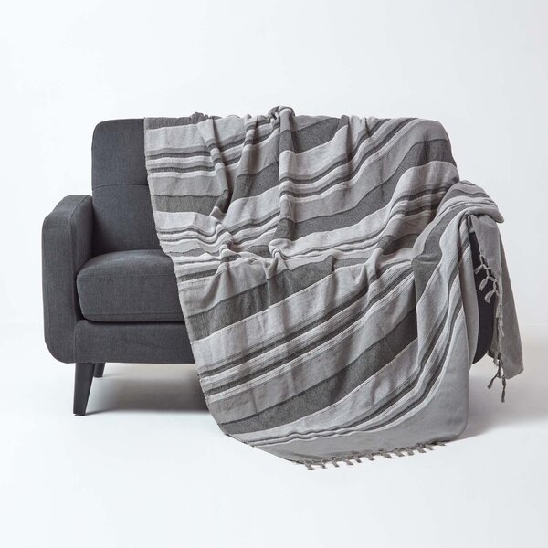 Homescapes Cotton Morocco Striped Grey Throw, 150 x 200 cm