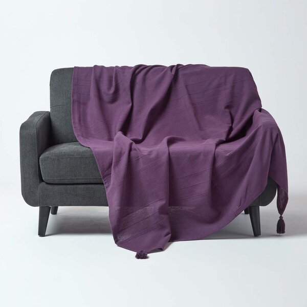 Homescapes Cotton Rajput Ribbed Purple Throw, 150 x 200 cm