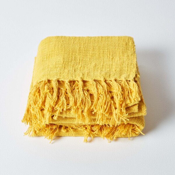 Homescapes Nirvana Slub Cotton Ochre Yellow Throw, 150 x 200 cm