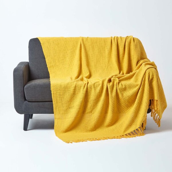 Homescapes Nirvana Slub Cotton Ochre Yellow Throw, 150 x 200 cm