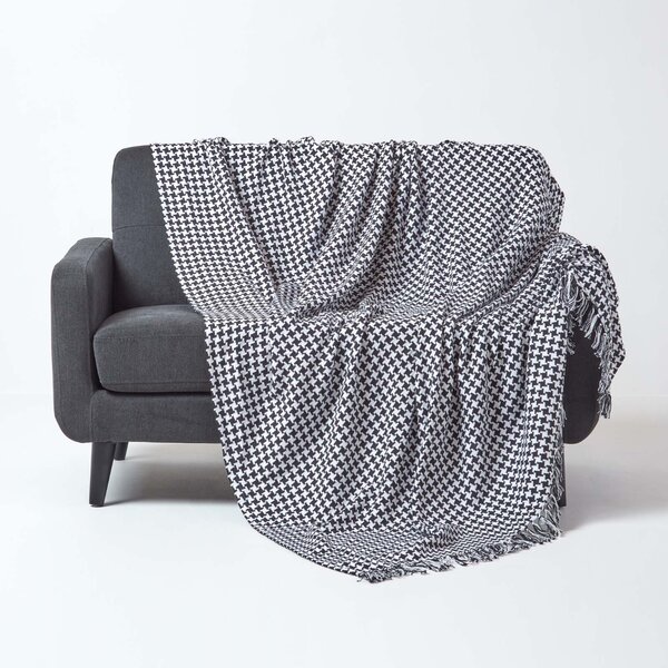 Black Houndstooth 100% Cotton Bedspread Throw, 150cm x 200cm