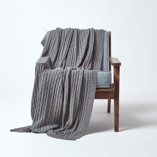 Homescapes Cotton Cable Knit Throw Grey, 130 x 170 cm