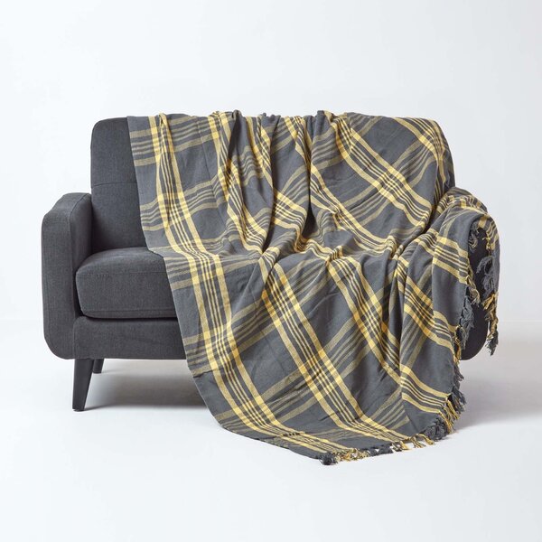 Homescapes Grey & Yellow Tartan Check Sofa and Bed Throw, 150 x 200 cm