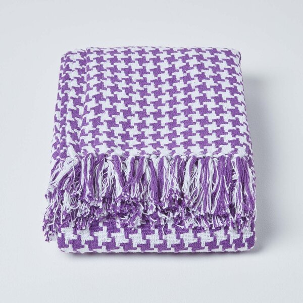 Purple Houndstooth 100% Cotton Bedspread Throw, 225cm x 255cm