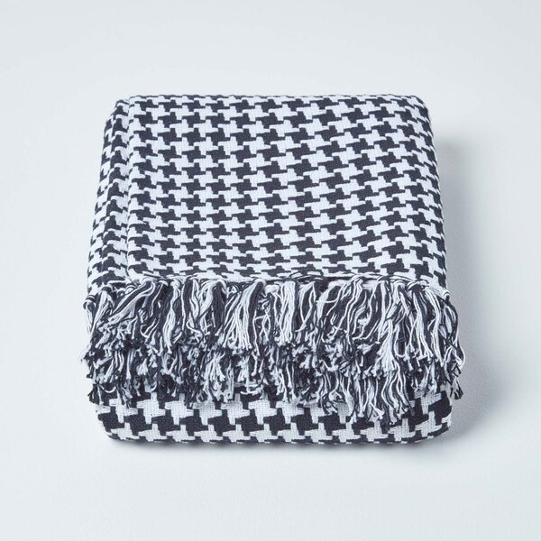 Black Houndstooth 100% Cotton Bedspread Throw, 150cm x 200cm