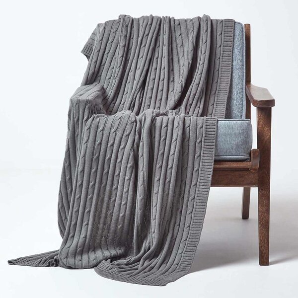 Homescapes Cotton Cable Knit Throw Grey, 130 x 170 cm