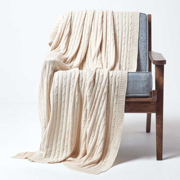 Homescapes Cotton Cable Knit Throw, Natural, 130 x 170 cm