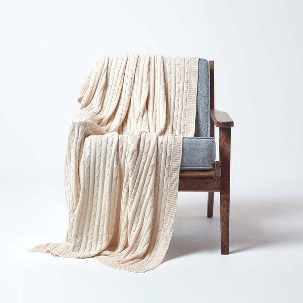 Homescapes Cotton Cable Knit Throw, Natural, 130 x 170 cm