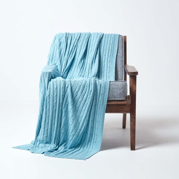 Homescapes Cotton Cable Knit Pastel Blue Throw, 130 x 170 cm