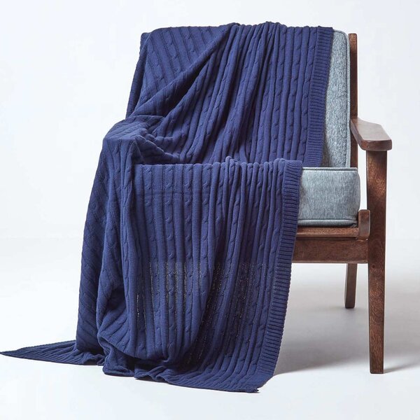 Homescapes Cotton Cable Knit Throw Navy Blue, 130 x 170 cm