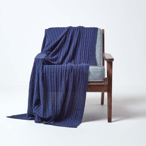 Homescapes Cotton Cable Knit Throw Navy Blue, 130 x 170 cm