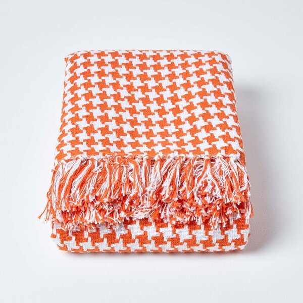 Orange Houndstooth 100% Cotton Bedspread Throw, 255cm x 360cm