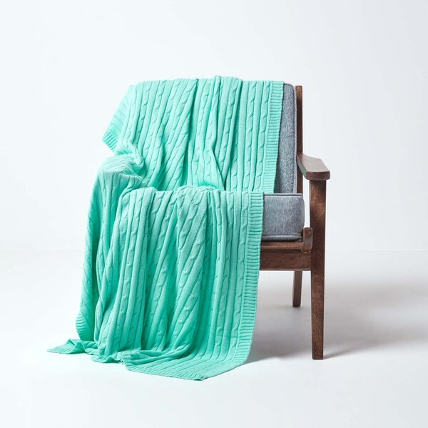 Homescapes Cotton Cable Knit Pastel Green Throw, 130 x 170 cm