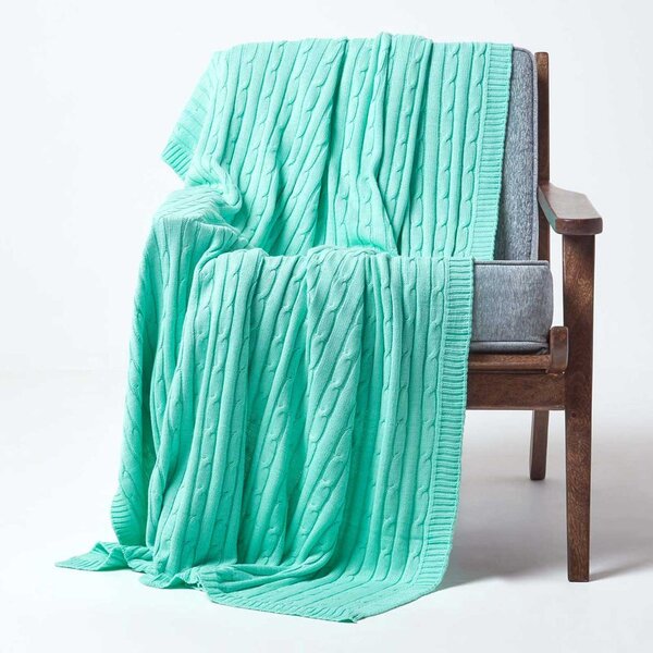 Homescapes Cotton Cable Knit Pastel Green Throw, 130 x 170 cm