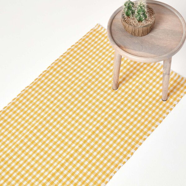 Cotton Gingham Check Hall Runner Hand Woven Yellow White, 66 x 200 cm