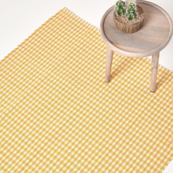 Cotton Gingham Check Rug Hand Woven Yellow White, 60 x 90 cm