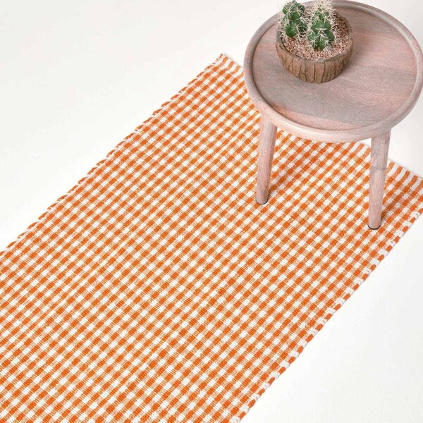 Cotton Gingham Check Hall Runner Hand Woven Orange White, 66 x 200 cm