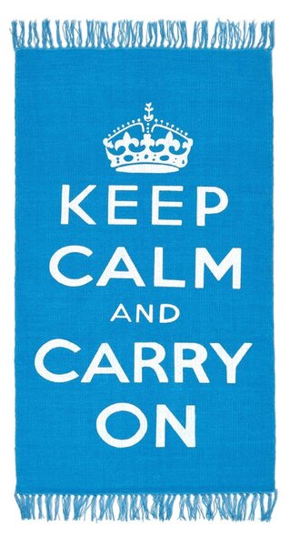 Keep Calm And Carry On Blue White Rug Hand Woven Base, 60 x 100 cm