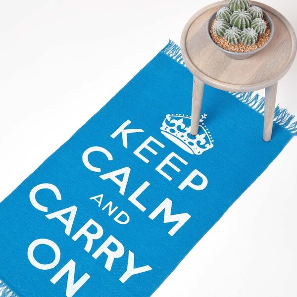 Keep Calm And Carry On Blue White Rug Hand Woven Base, 60 x 100 cm