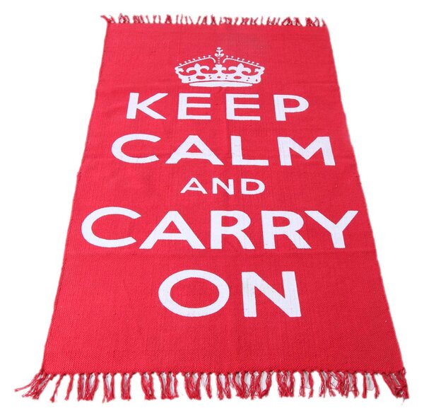 Keep Calm And Carry On White Red Rug Hand Woven Base, 60 x 100 cm