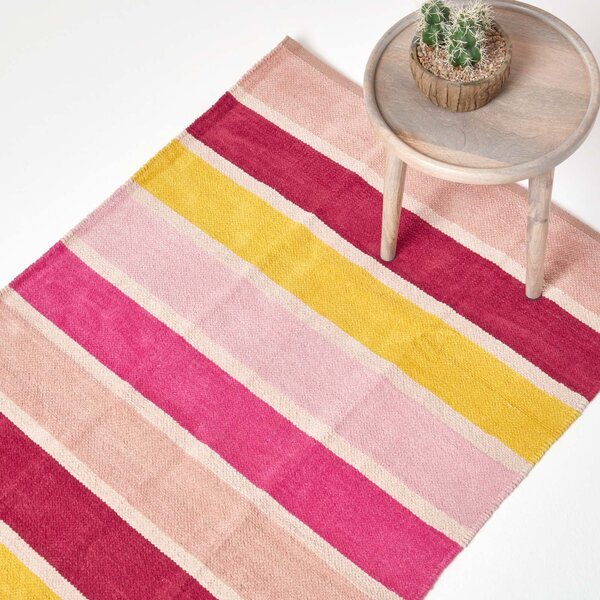 Cotton Chenille Striped Rug Pink Beige Red Yellow Candy, 90 x 150 cm