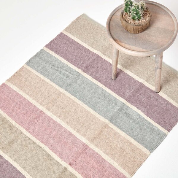 Cotton Chenille Striped Rug Blue Beige Purple Grey Natural, 45 x 70 cm