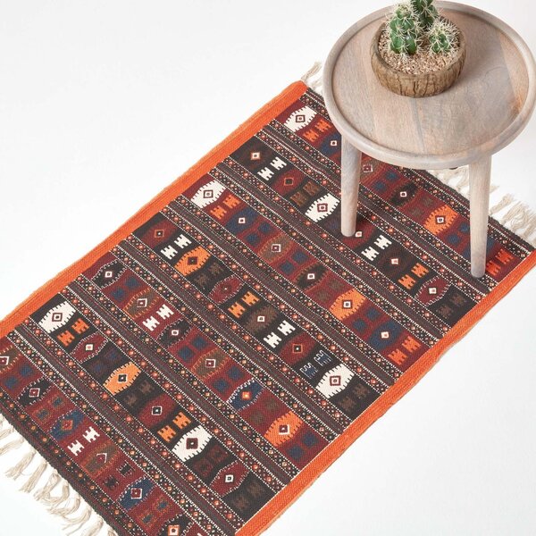 Cotton Kilim Printed Rug Terracotta, Black and Brown Design,60 x 90 cm