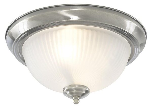 Searchlight 4042 2 Light Flush Ceiling Light With Ribbed Glass In Satin Silver