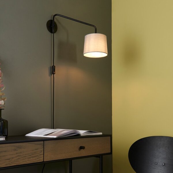 Endon 79500 Carlson Small Plug In Wall Light In Matt Black With Light Grey Fabric Shade - H: 290mm
